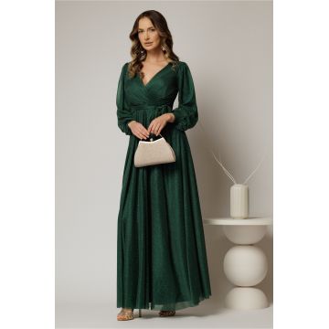 Rochie lunga verde cu glitter cu decolteu petrecut si cordon in talie