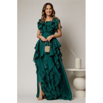 Rochie lunga verde de seara din voal cu volanase