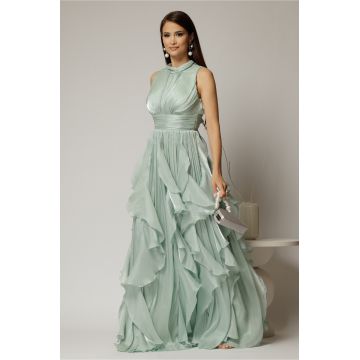 Rochie lunga verde menta de seara cu volanase din voal peliculizat