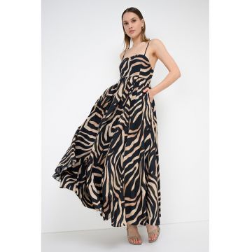 Rochie maxi cu buzunare Kumare - Negru/Maro camel