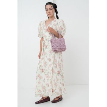 Rochie maxi cu cordon in talie - maneci bufante si model floral - Verde pal/Roz prafuit