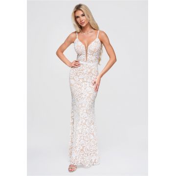 Rochie maxi cu decolteu adanc - bretele subtiri si talie evidentiata - Alb