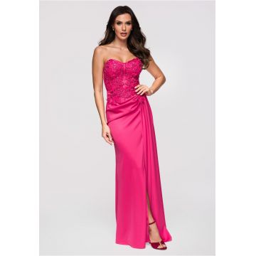 Rochie maxi cu detalii din dantela si satin - Fucsia