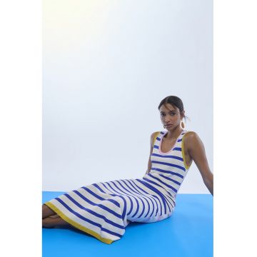 Rochie maxi cu model in dungi - Alb/Roz/Albastru