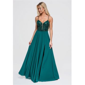 Rochie maxi de seara cu decolteu adanc si detalii cu paietE - Verde
