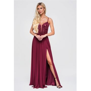 Rochie maxi de seara cu decolteu adanc si detalii cu paietE - Visiniu