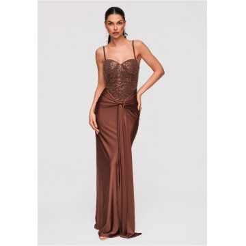 Rochie Maxi de Seara Eleganta cu Paiete si Spate Gorset - Maro
