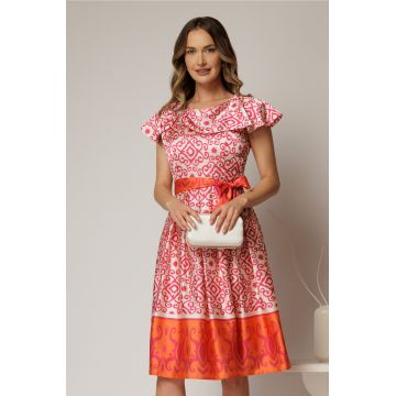 Rochie midi bej din satin in clos cu imprimeuri fucsia oranj si cordon in talie