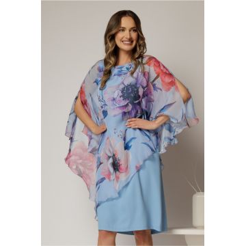Rochie midi bleu eleganta cu capa din voal cu imprimeu floral