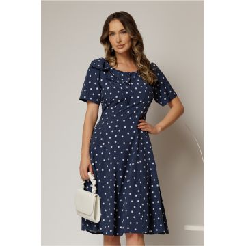 Rochie midi bleumarin cu buline cu funda la umar si croi in clini