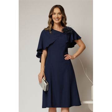 Rochie midi bleumarin cu croi in clini si detaliu floral la bust
