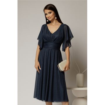 Rochie midi bleumarin din voal cu sclipici si decolteu in V