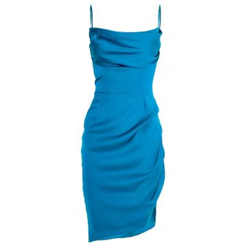 Rochie midi cu bretele si falduri laterale - Albastru