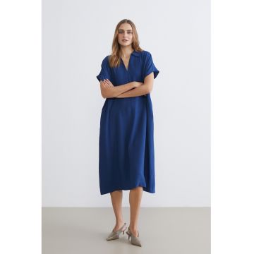 Rochie midi cu croiala dreapta si guler clasic - Albastru inchis