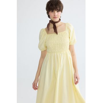 Rochie midi cu maneci bufante - Galben deschis