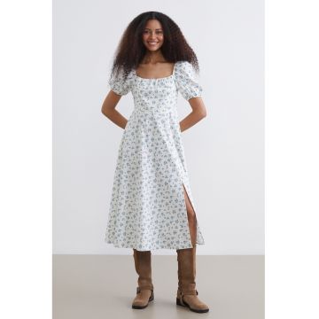 Rochie midi cu maneci bufante si model - Alb/Albastru deschis