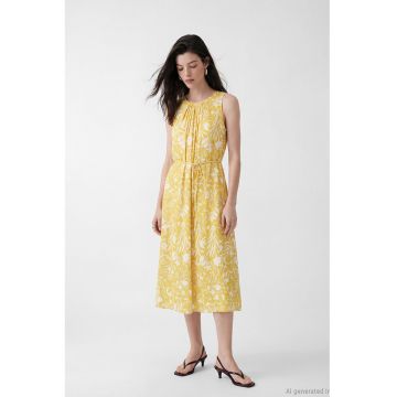 Rochie midi cu model floral - Alb/Galben sofran