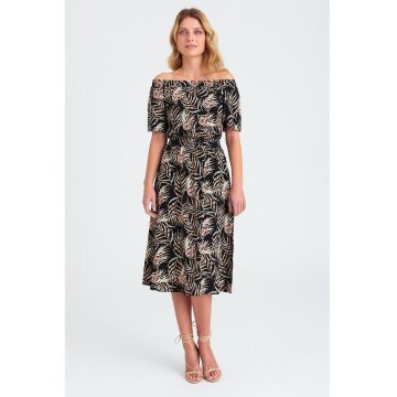 Rochie midi cu model si decolteu pe umeri - Negru/Roz somon/Maro deschis