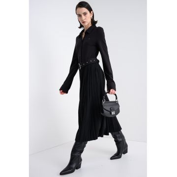 Rochie midi cu pliuri - maneci lungi si o curea - Negru