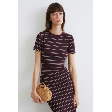 Rochie midi cu striatii si dungi - Alb/Verde inchis/Violet tyrian