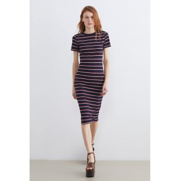 Rochie midi cu striatii si dungi - Rosu/Alb/Albastru ultramarin