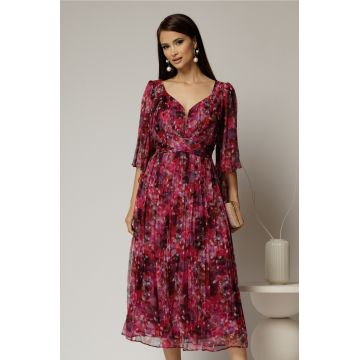 Rochie midi de ocazie cu imprimeuri magenta din matase naturala