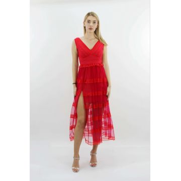 Rochie midi de seara din tul si dantela ENID - Rosu