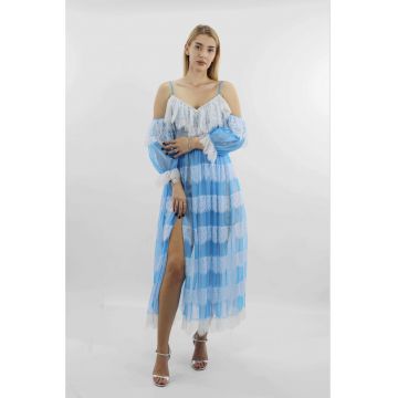 Rochie midi de seara din tul si dantela PINA - Albastru