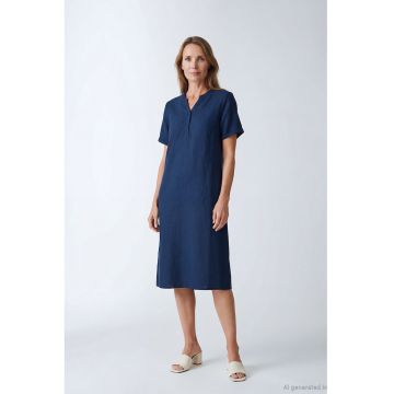 Rochie midi din amestec de in - Bleumarin