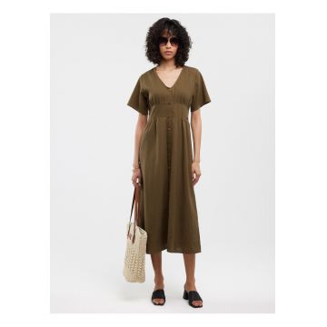 Rochie midi din amestec de in cu decolteu in V Victorine
