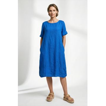 Rochie midi din in cu croiala lejera si prinderi laterale, albastru electric