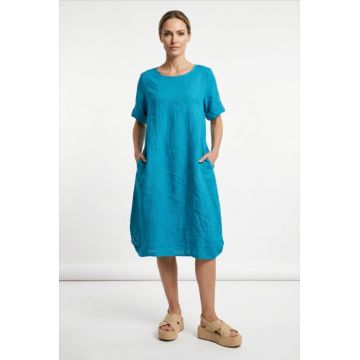 Rochie midi din in cu croiala lejera si prinderi laterale, turcoaz