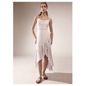 Rochie midi din in cu fusta asimetrica cu volane VOLLA - Alb