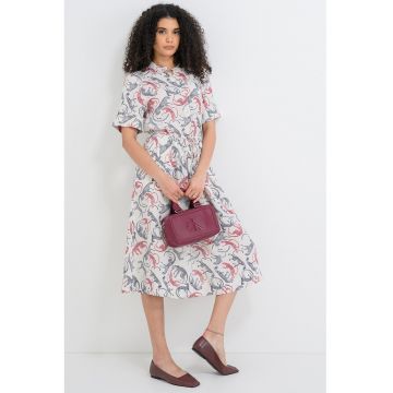 Rochie midi din in cu model si snur de ajustare in talie - Rosu/Alb murdar/Bleumarin