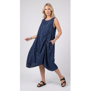 Rochie midi din jeans inchis cu fronseuri decorative