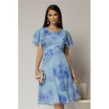 Rochie midi din voal bleu cu imprimeuri si volanase la maneci