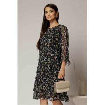 Rochie midi din voal bleumarin cu floricele si maneci trei sferturi