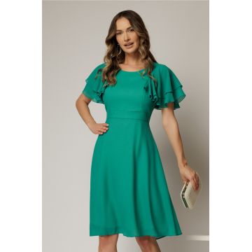 Rochie midi din voal verde si volanase la maneci