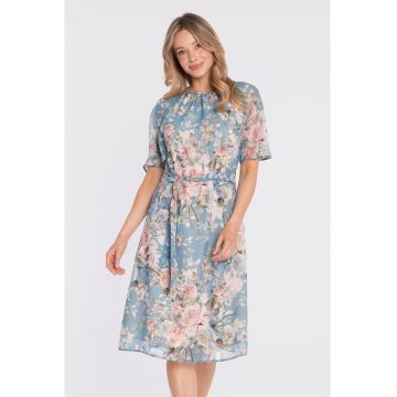 Rochie midi evazata cu cordon in talie - Multicolor