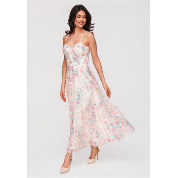 Rochie midi evazata cu detalii din dantela - Ecru