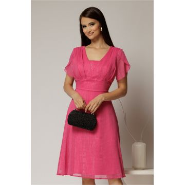 Rochie midi fucsia din voal cu buline si maneci scurte petrecute