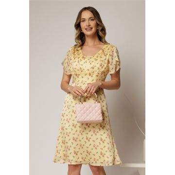 Rochie midi galbena din voal cu imprimeu floral si maneci scurte petrecute