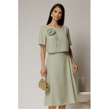 Rochie midi kaki de zi cu detaliu amplu floral la bust