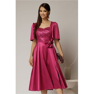 Rochie midi magenta din tafta si paiete cu funda ampla pe talie