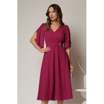 Rochie midi magenta din triplu voal cu decolteu in V