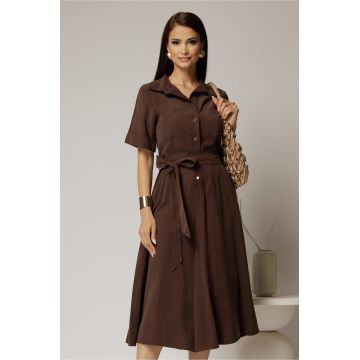 Rochie midi maro din tencel cu guler tip camasa si maneci scurte