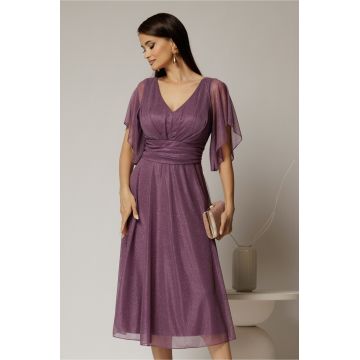 Rochie midi mov din voal cu sclipici si decolteu in V
