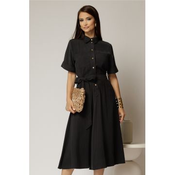 Rochie midi neagra din tencel cu guler tip camasa si maneci scurte