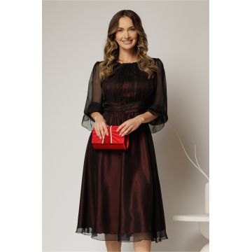 Rochie midi neagra din voal fin cu captuseala rosie in contrast