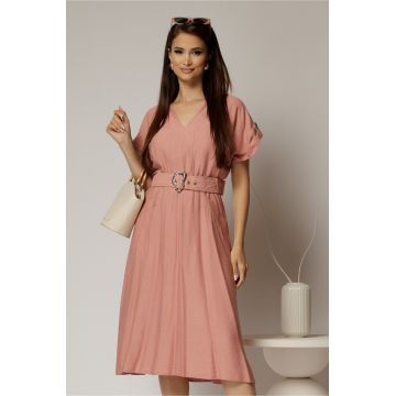 Rochie midi roz de zi din rayon cu decolteu V si curea in talie